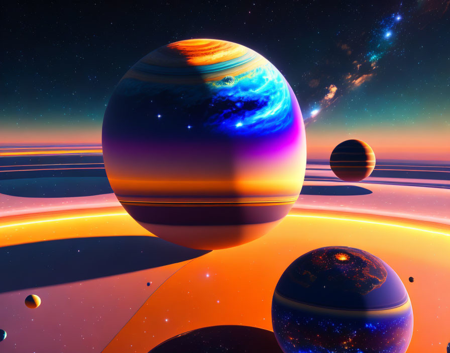 Colorful surreal planetary alignment in starry space.