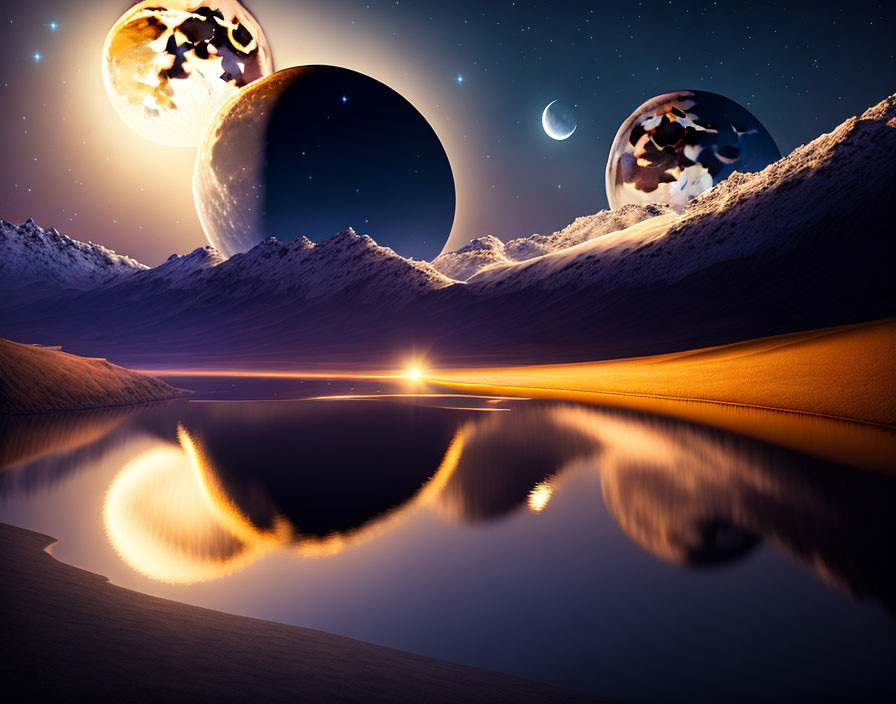 Surreal landscape with two large moons, snowy mountains, starry sky, and reflective lake