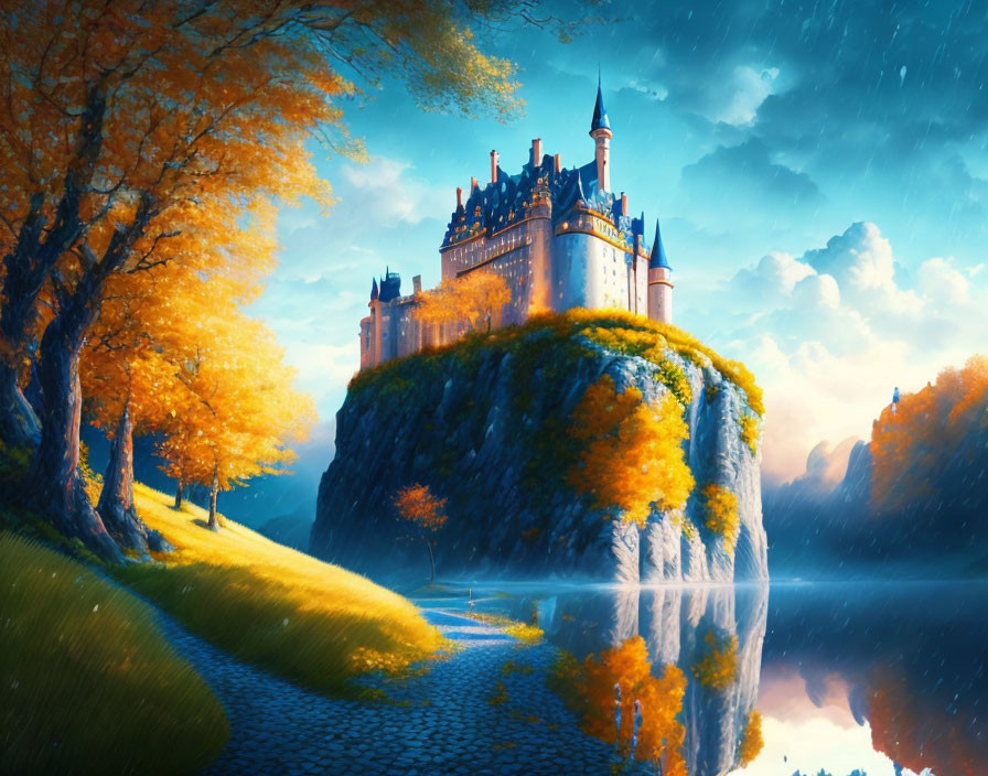 Fairytale castle on cliff with autumn trees reflecting in tranquil waters