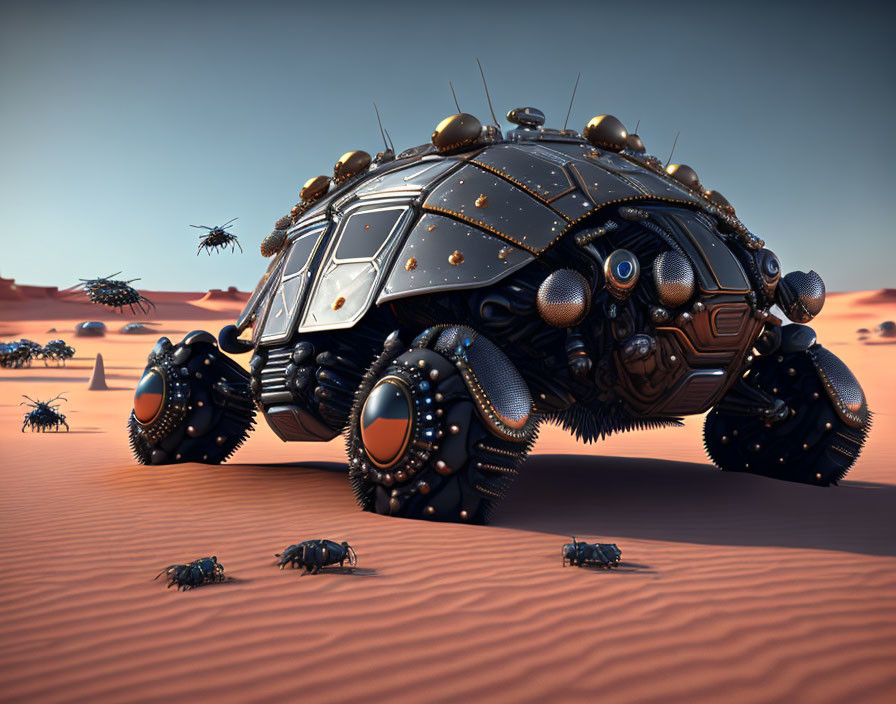 Mechanical beetles in futuristic desert landscape