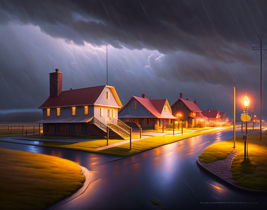 Stormy night scene of illuminated houses under rainy sky