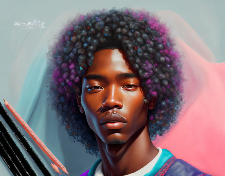 Vividly colored afro digital portrait with contemplative expression