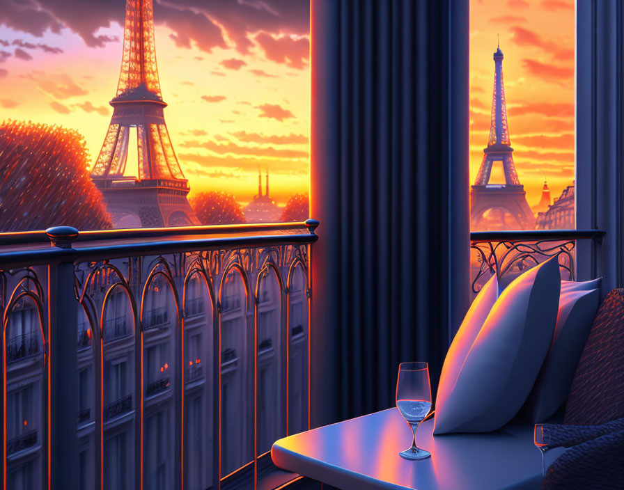 Parisian Balcony Sunset View with Eiffel Tower, Wine, Pillows, and Vibr