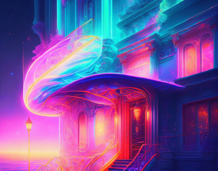 Fantasy building with neon-lit architecture and magical energy