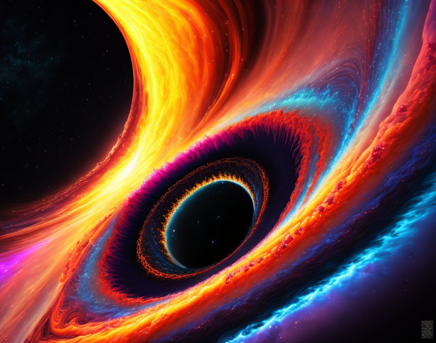 Colorful digital art: Imaginative black hole with swirling hues on cosmic backdrop