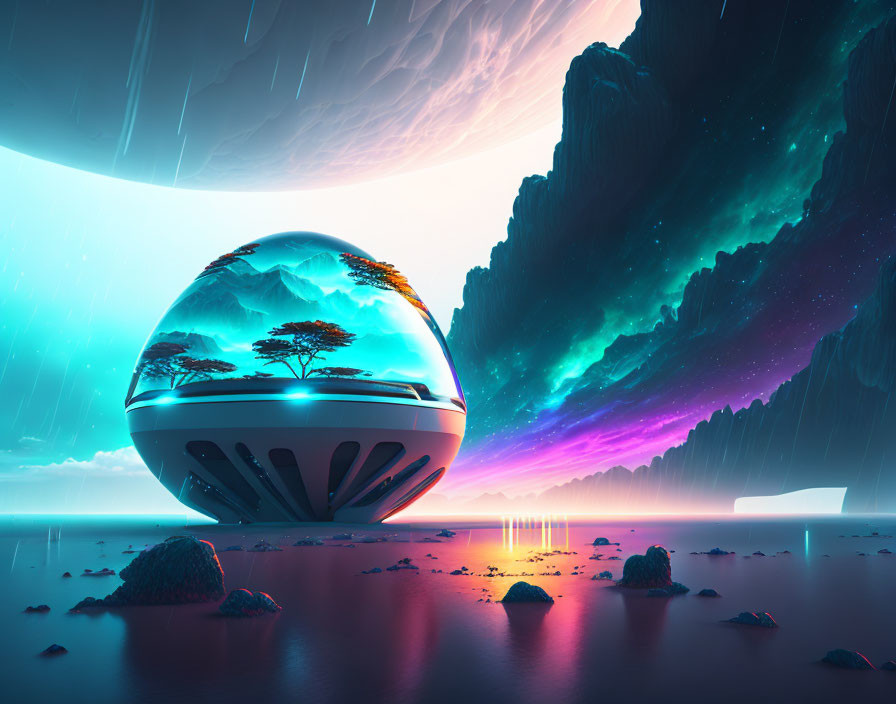 Futuristic spherical structure with trees under magenta sky & distant rain, rocky terrain