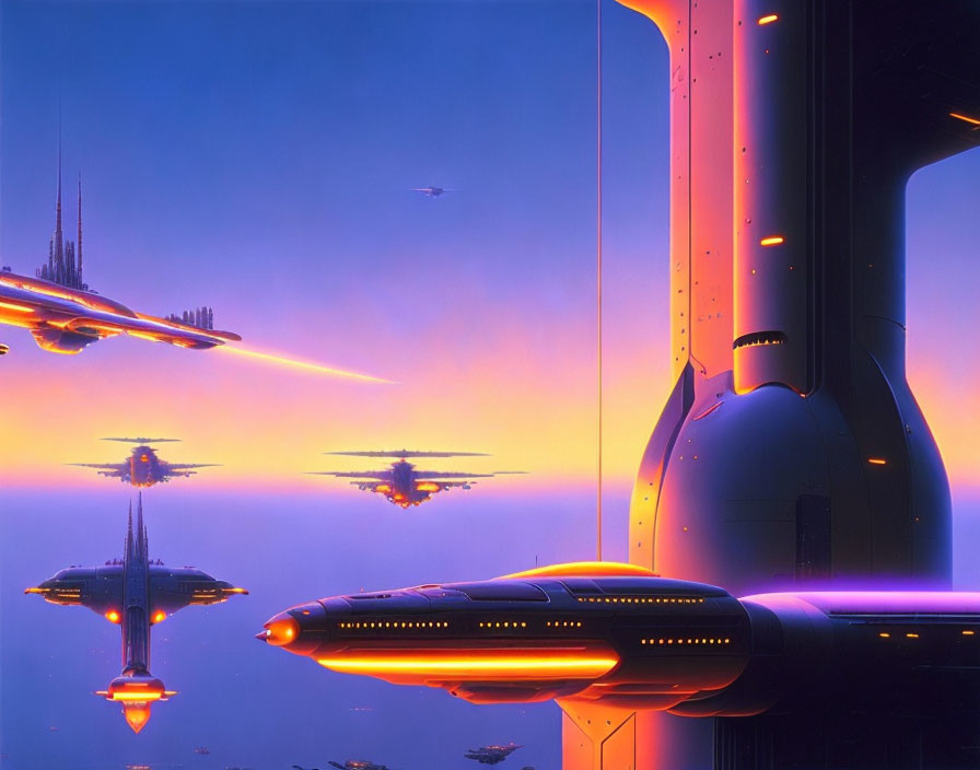 Futuristic cityscape with flying vehicles and neon-lit spires at dusk