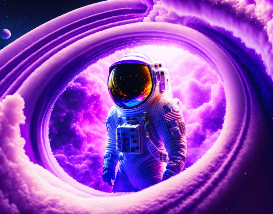 Astronaut in surreal cosmic background with swirling galaxies