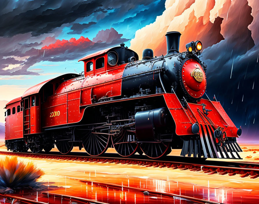 Illustration of red steam locomotive 2010 on stormy tracks