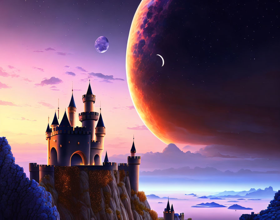 Digital artwork of castle on cliff at sunset with moon and planets in purple sky