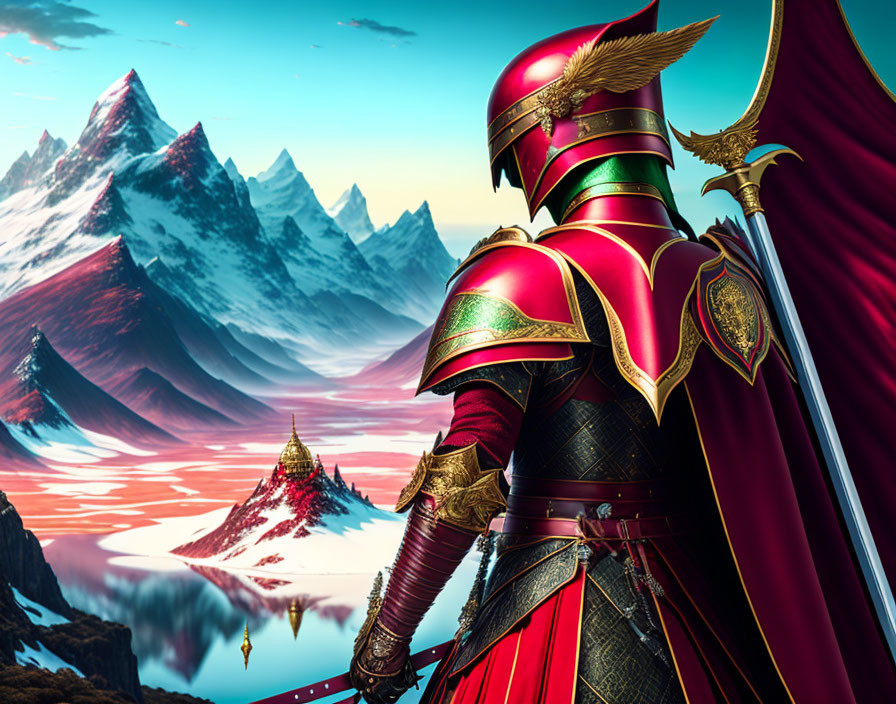 Elaborate red and gold armored knight in fantastical snowy landscape.