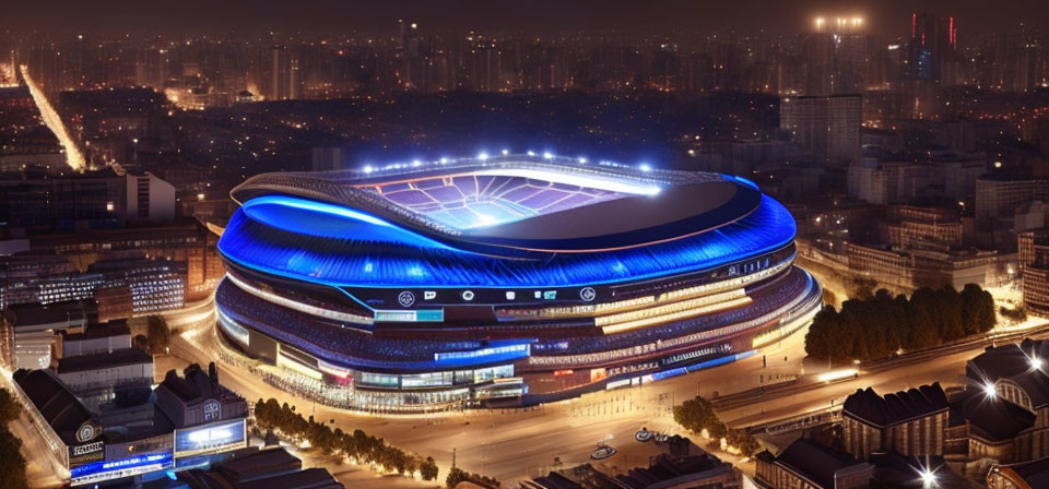 Modern illuminated stadium at night with blue glow amidst cityscape