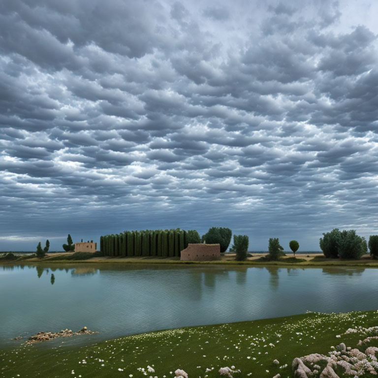 Tranquil lake landscape with overcast skies and greenery