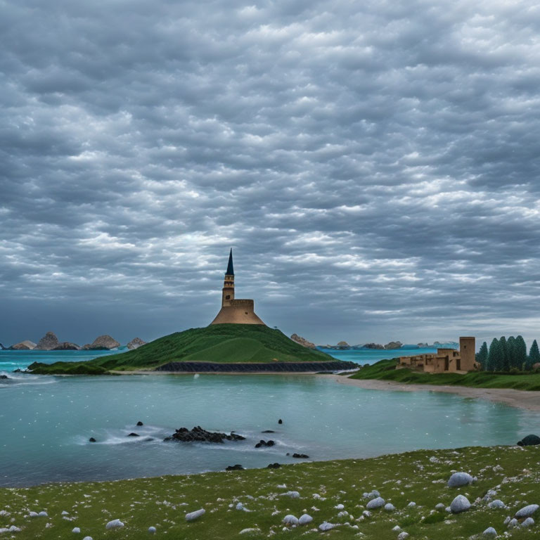 Coastal landscape with lighthouse, dramatic sky, calm sea, pebbly shore