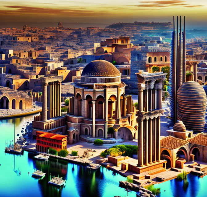 Ancient cityscape illustration with domed buildings, columns, river, boats at sunset
