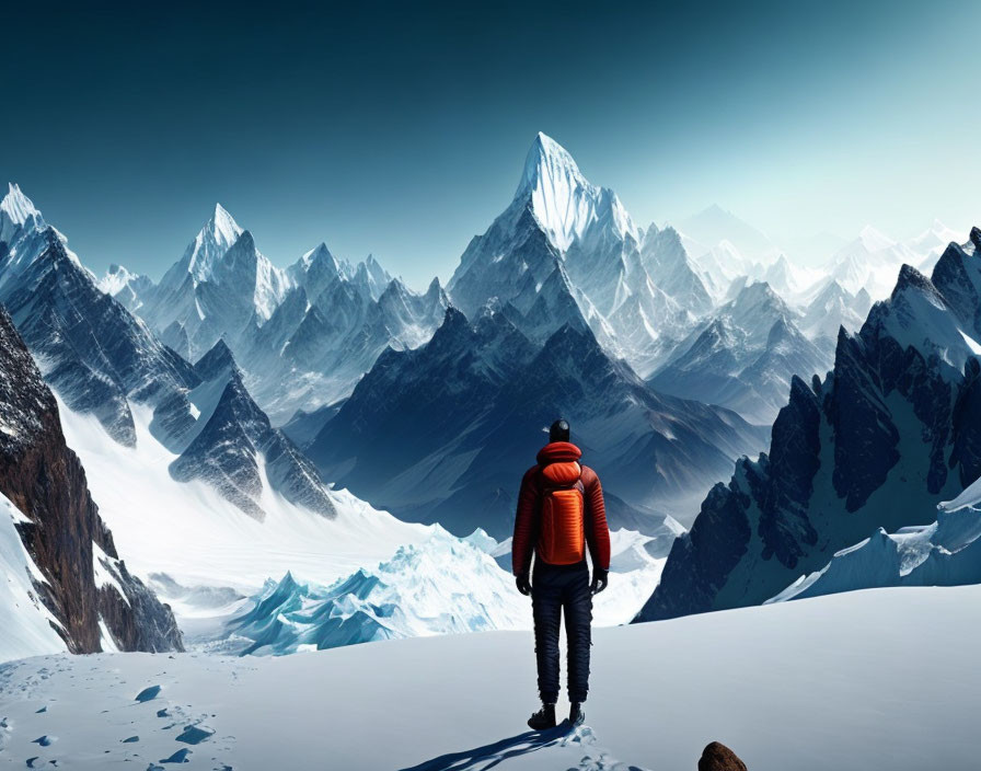 Person in Red Jacket Standing Before Snow-Covered Mountains