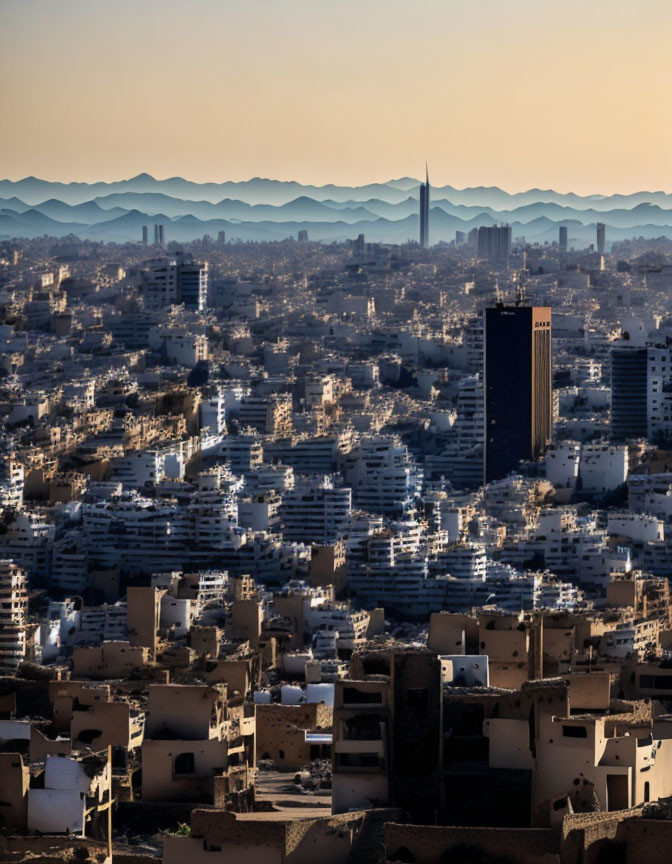 Urban skyline at sunrise with buildings and mountains under warm sunlight.