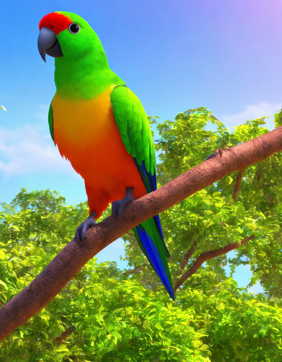 Colorful Parrot Perched on Branch Against Blue Sky