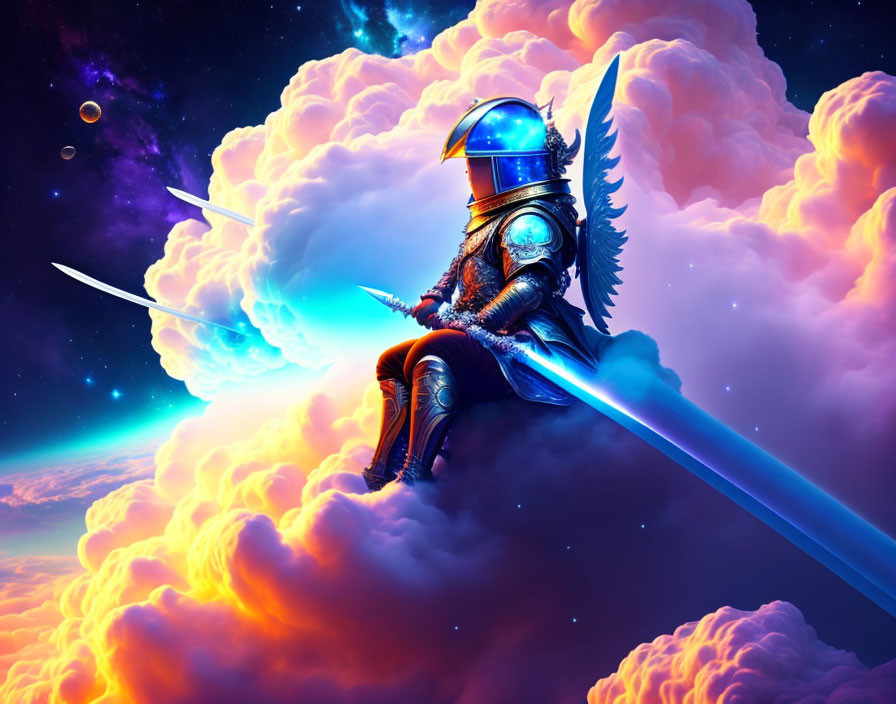 Knight in ornate armor on cloud with sword in cosmic scene