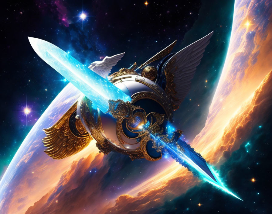 Ornate winged spaceship with glowing blue sword in cosmic clouds