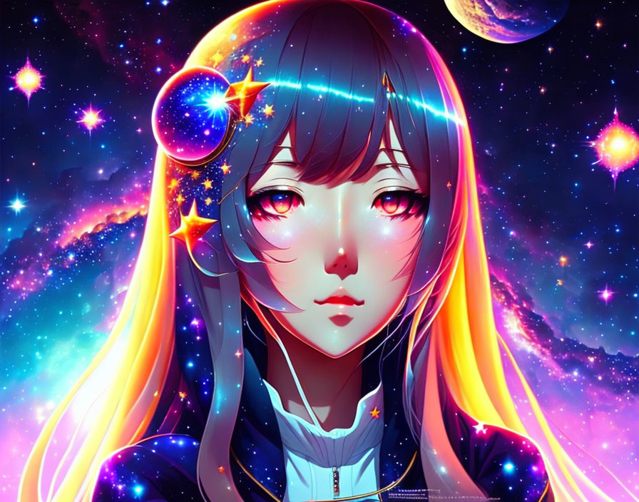 Colorful Anime Character Art with Cosmic Background