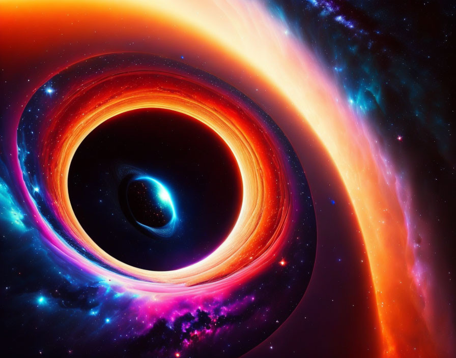 Colorful Illustration: Black Hole with Swirling Accretion Disk in Space