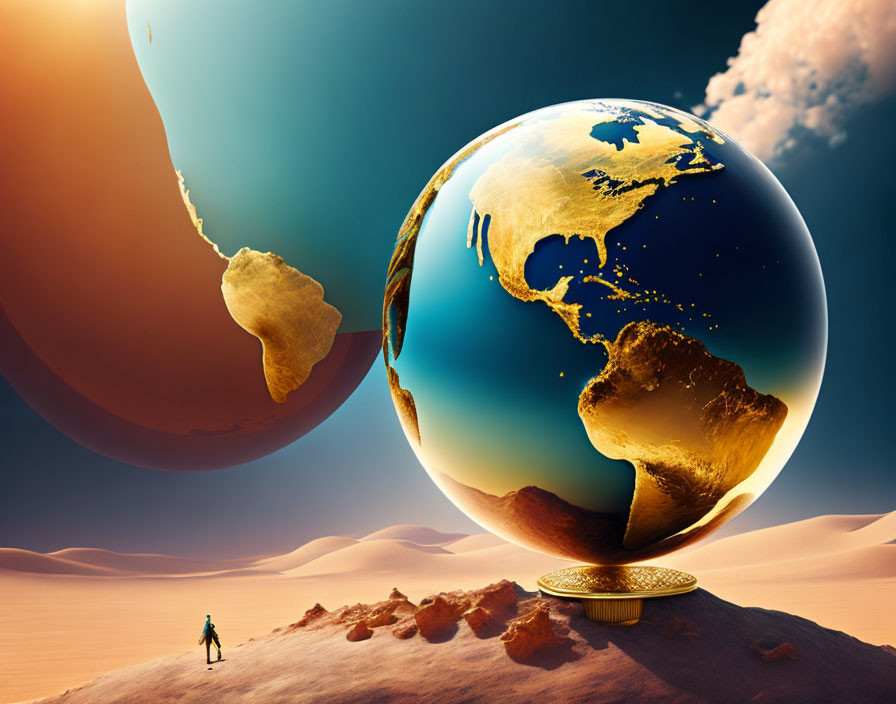 Surreal landscape with person, giant Earth globe, and coins symbolizing environment and economy