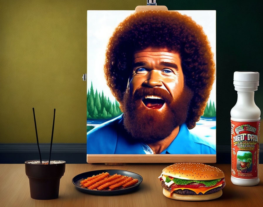 Surreal image of man's face merged with afro and burger on canvas with food and paint