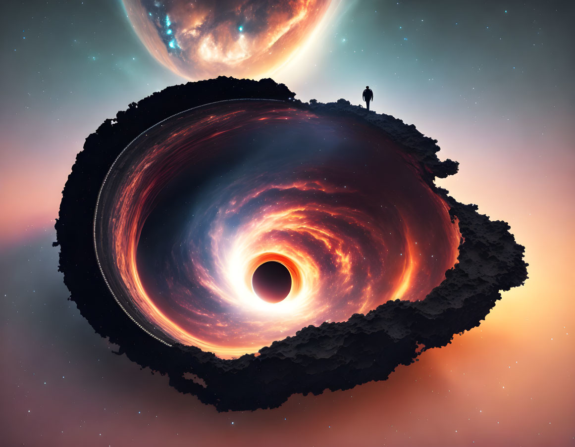 Surreal cosmic scene with person on floating platform overlooking black hole and nebula.