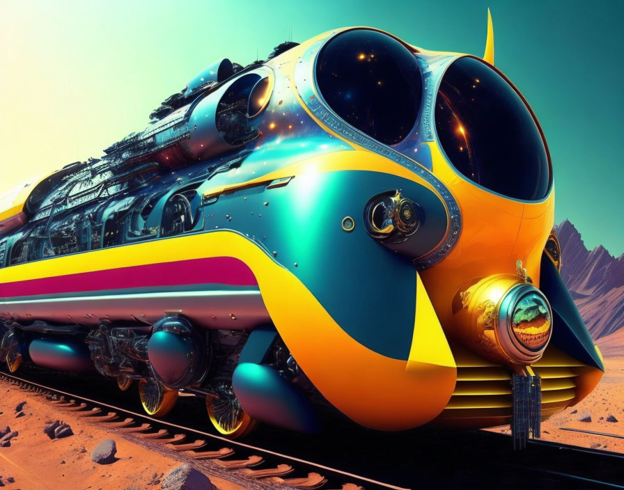 Colorful futuristic train travels through desert with mountains