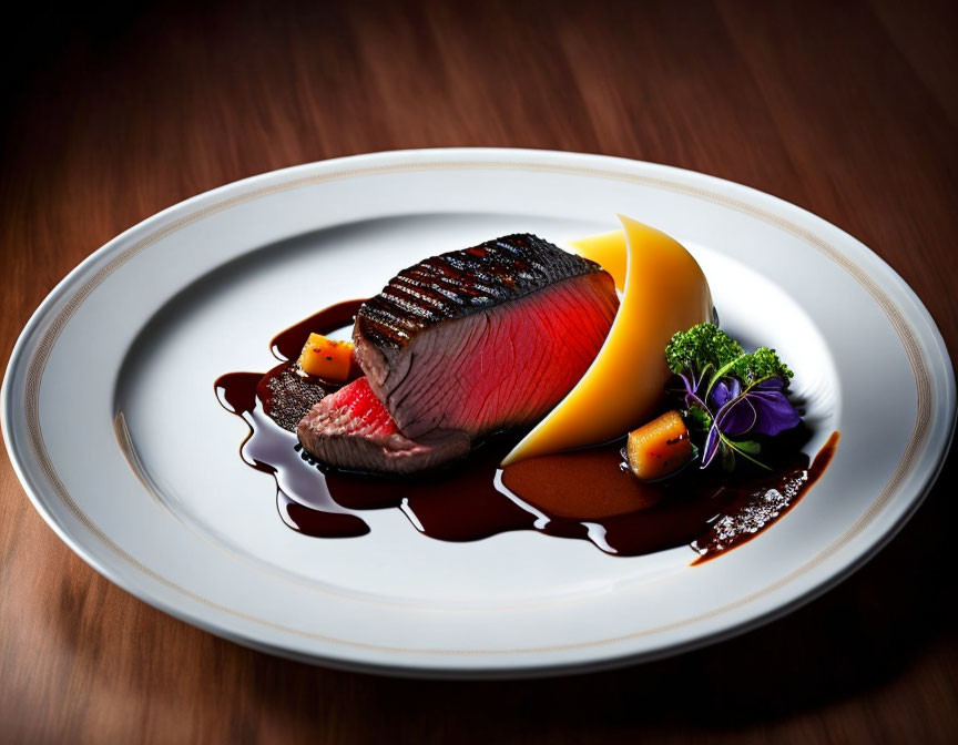 Plated gourmet dish with seared meat slice, puree, vegetable garnishes, and rich sauce