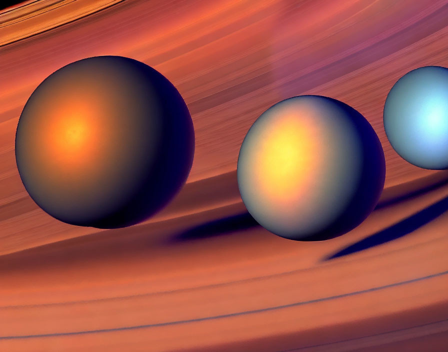 Three gradient glossy spheres on textured orange background