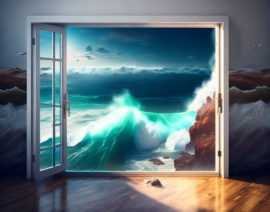 Room with Open Door Revealing Surreal Ocean Scene