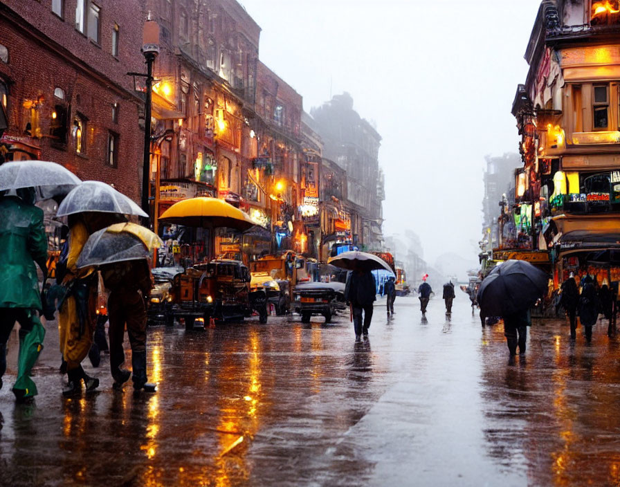 City street at dusk: Rain, umbrellas, vibrant lights, wet pavement, traffic.