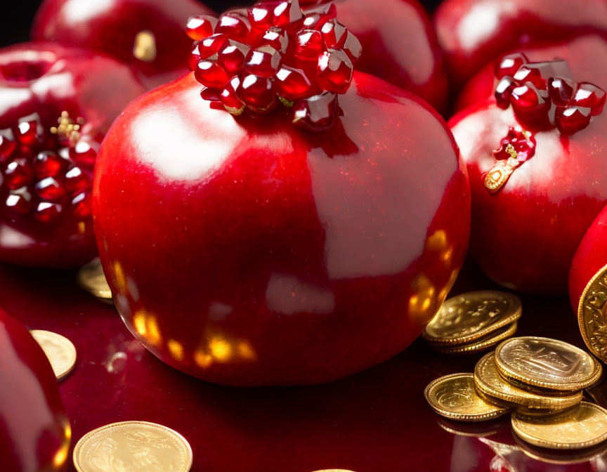 Vibrant red apples with pomegranate seeds and golden coins on red background