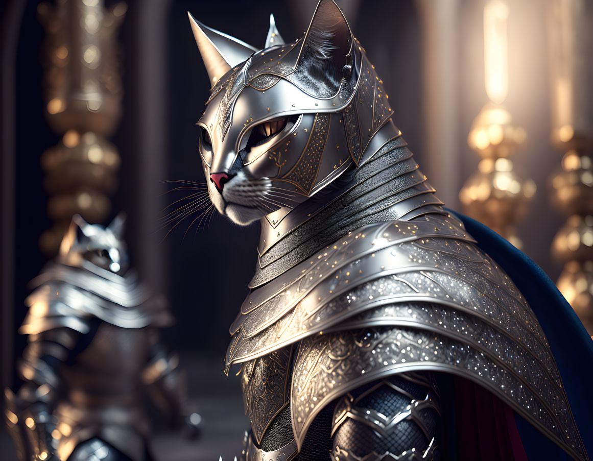 Digital Artwork: Noble Knight Cat in Medieval Armor & Cape