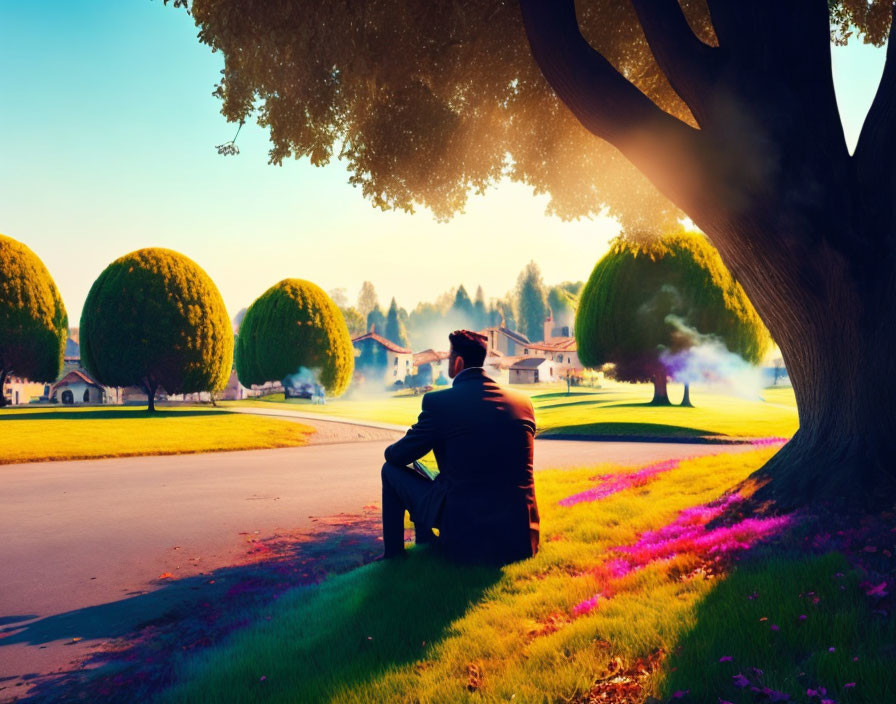 Person sitting under tree on grassy curb near round-shaped trees and houses in warm sunlight