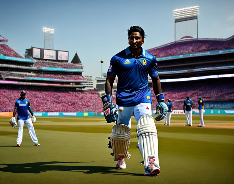 Cricket player in blue gear with bat on field in packed stadium