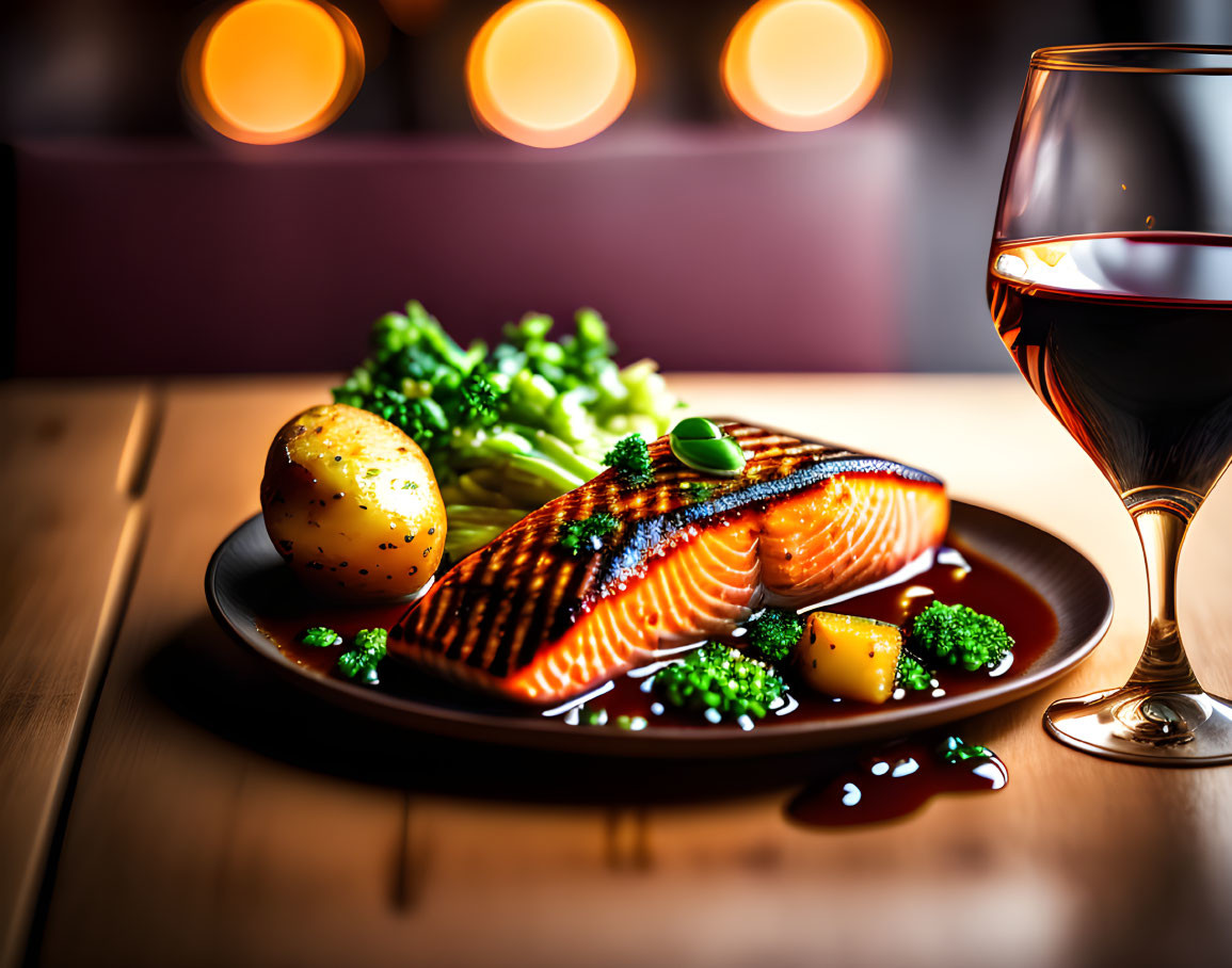 Healthy meal: Grilled salmon, boiled potato, broccoli, caviar, red wine on wooden