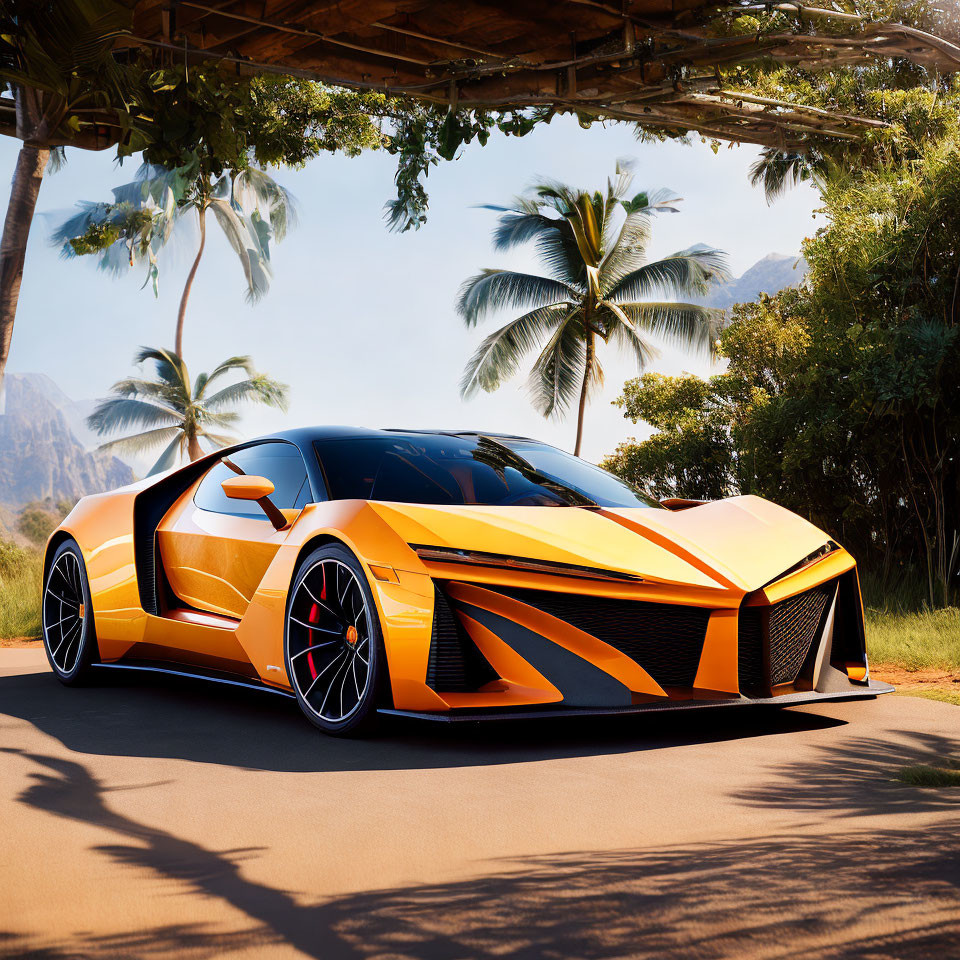 Orange Sports Car with Black Accents on Scenic Road