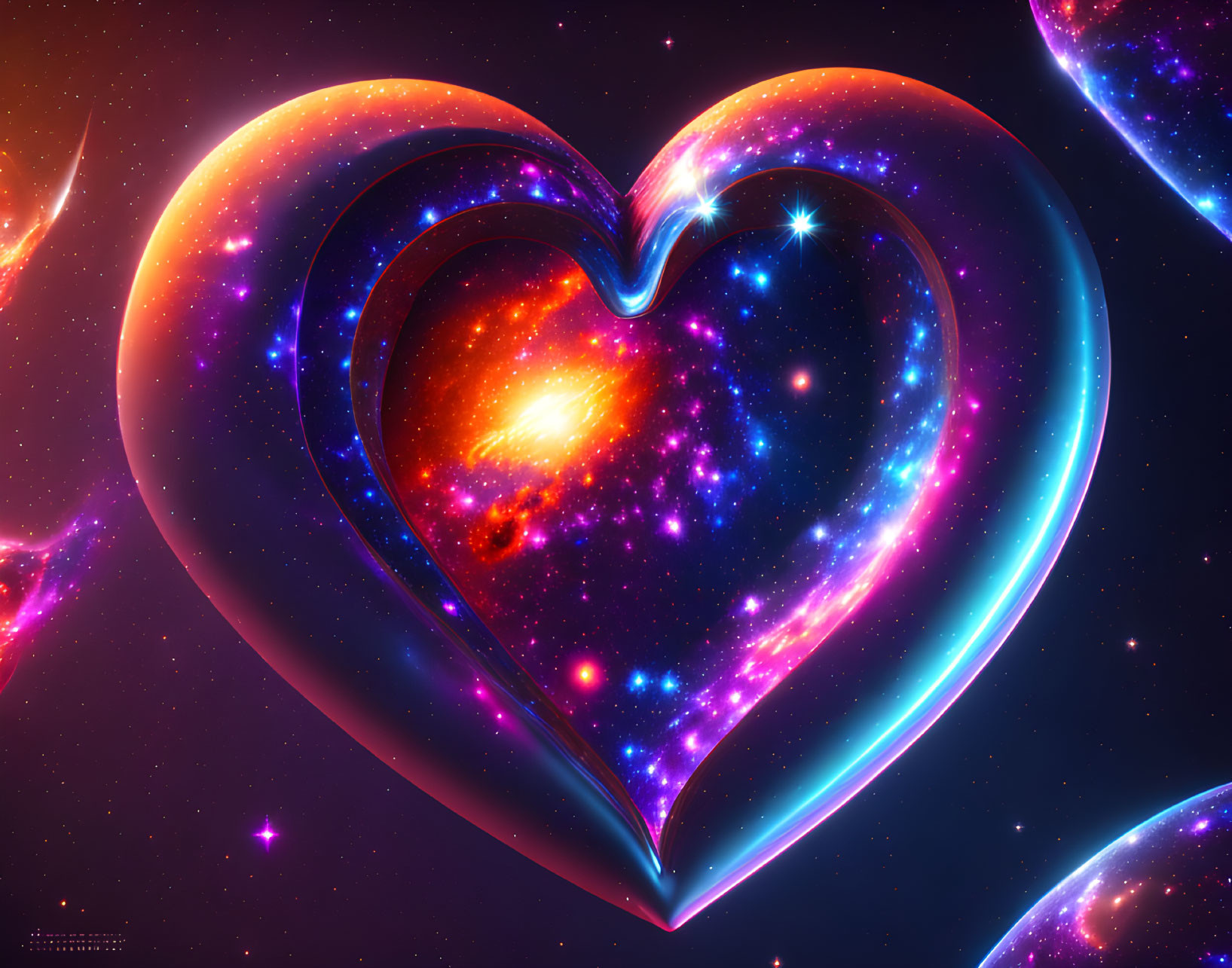 Colorful Cosmic Heart-Shaped Digital Artwork with Galaxies and Stars