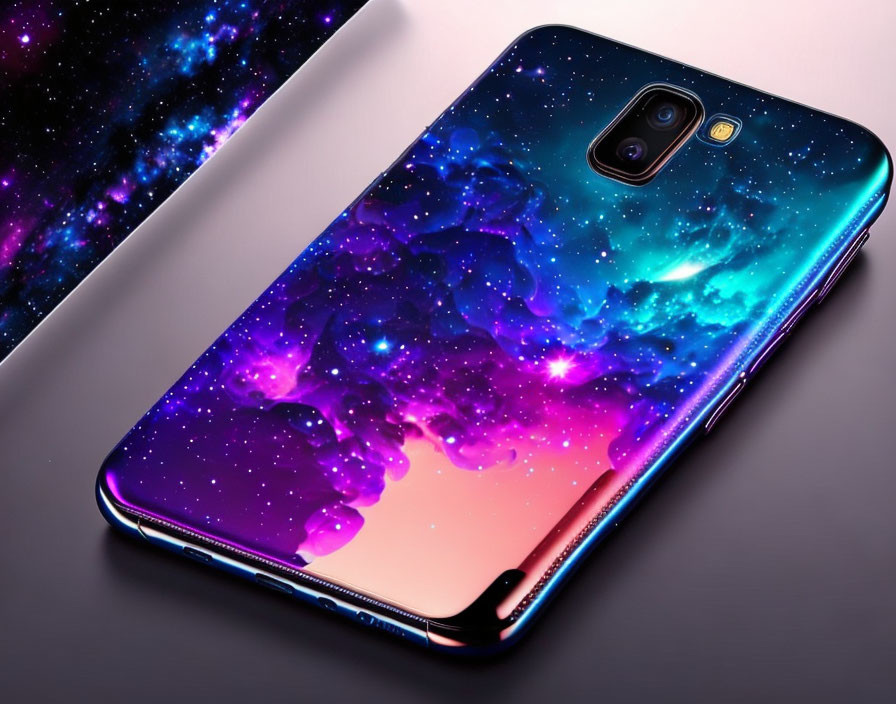 Glossy nebula-themed smartphone case in vibrant blue and purple hues