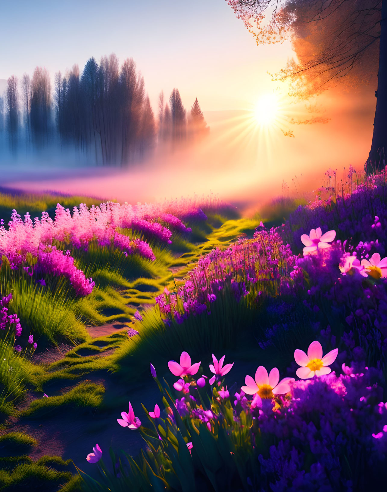 Misty meadow at sunrise with purple flowers and silhouetted trees