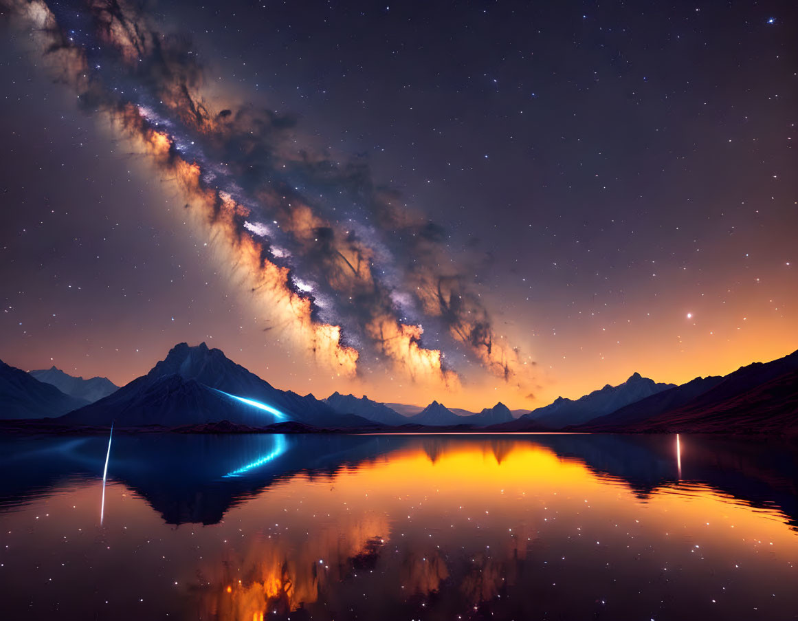 Starry night sky reflected in mountain lake