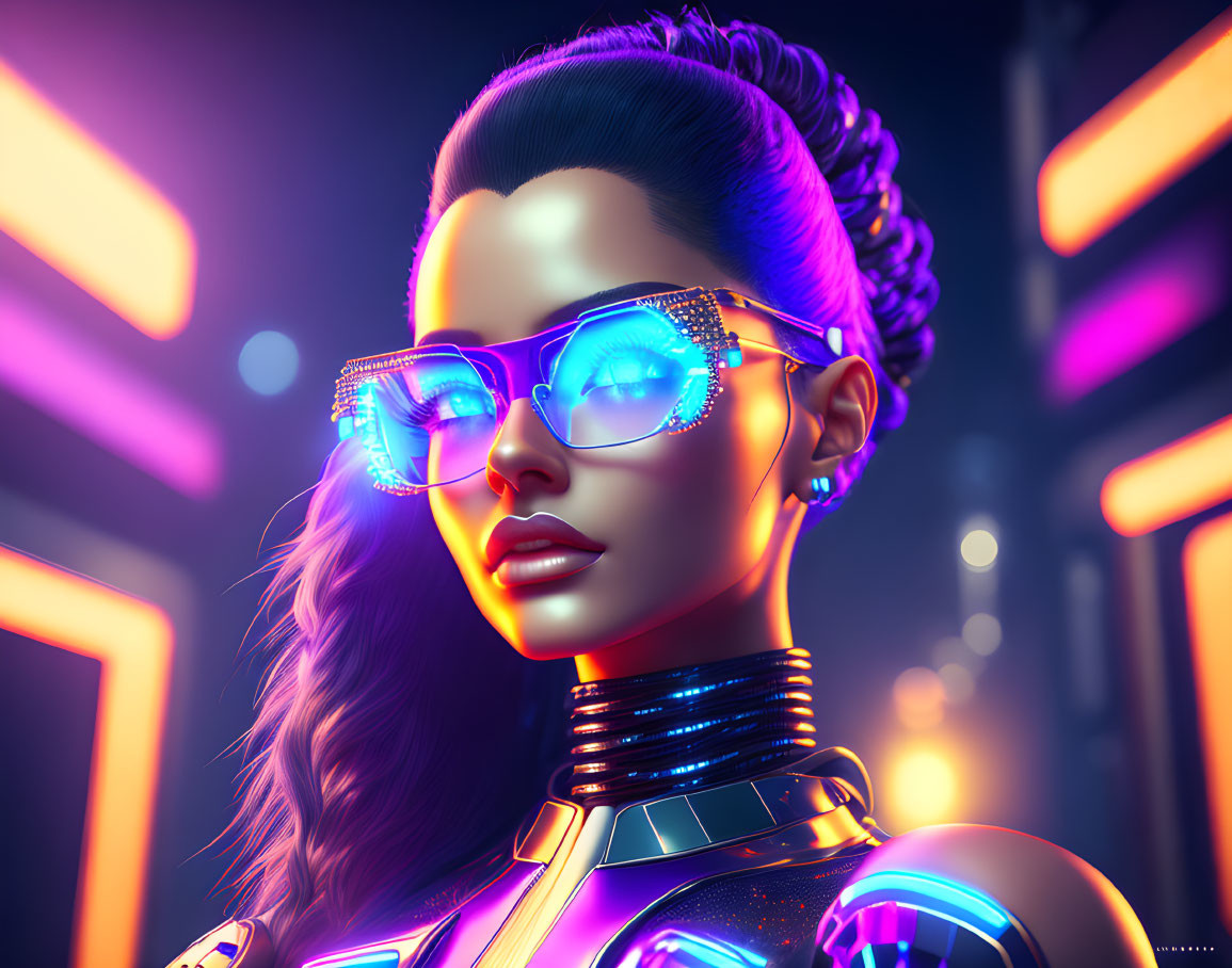 Futuristic woman in neon-lit setting with 3D glasses
