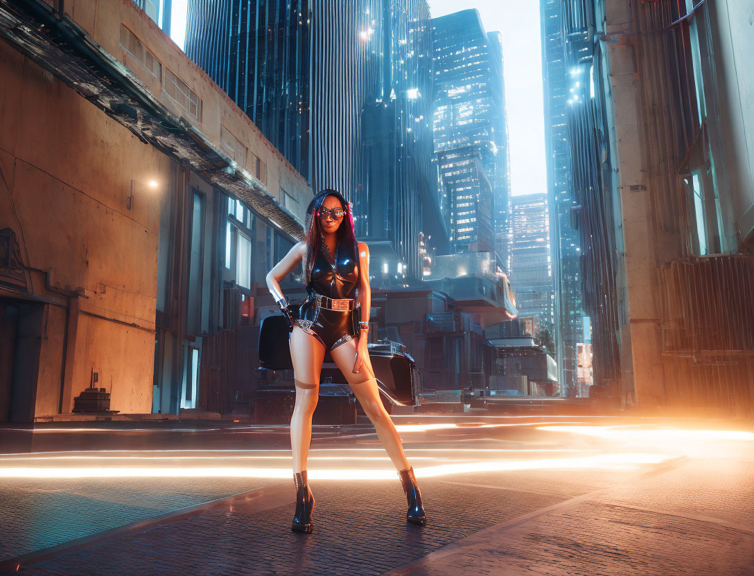 Futuristic outfit with red glasses in neon-lit cyberpunk cityscape