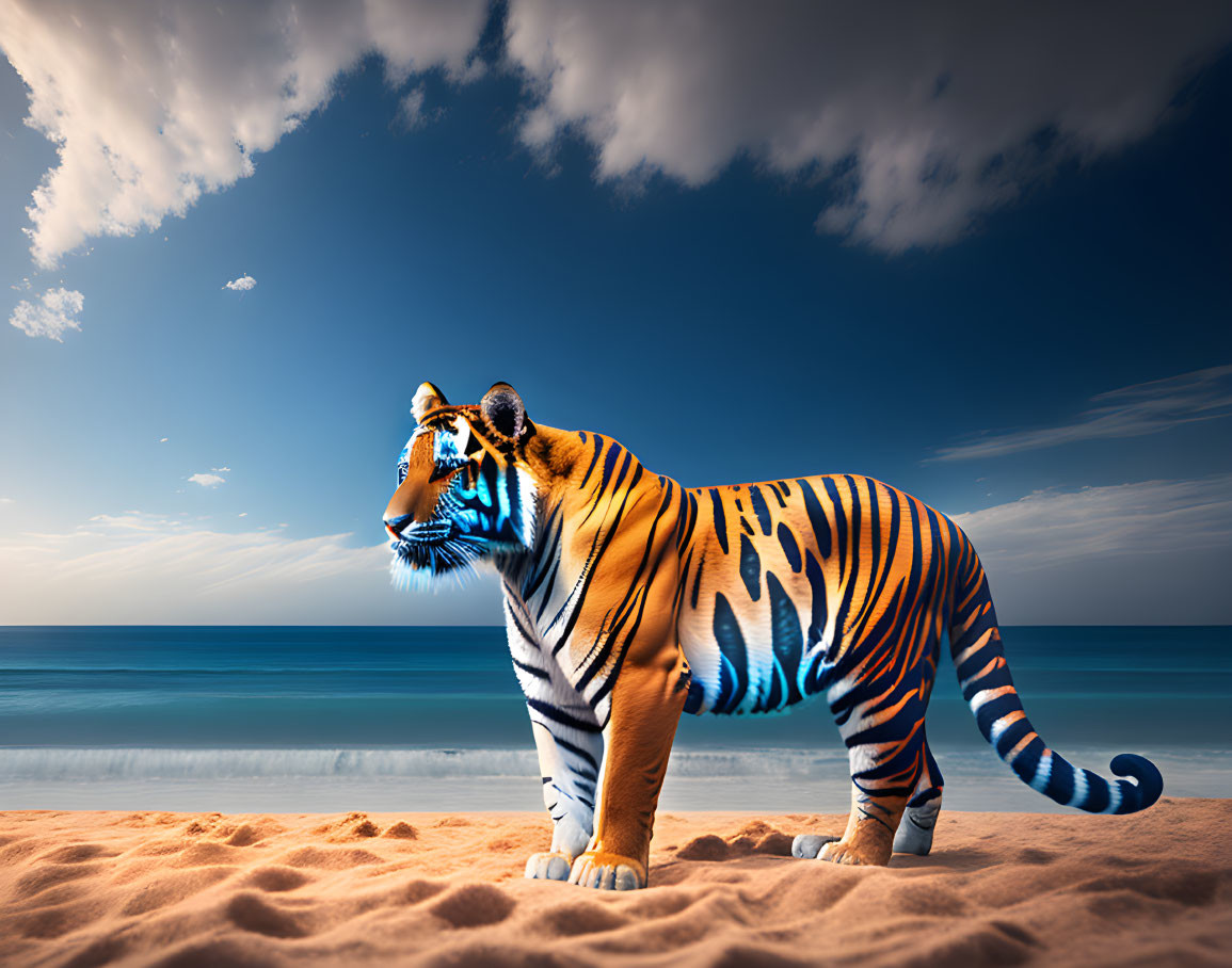 Majestic tiger on sandy beach with blue sky and ocean