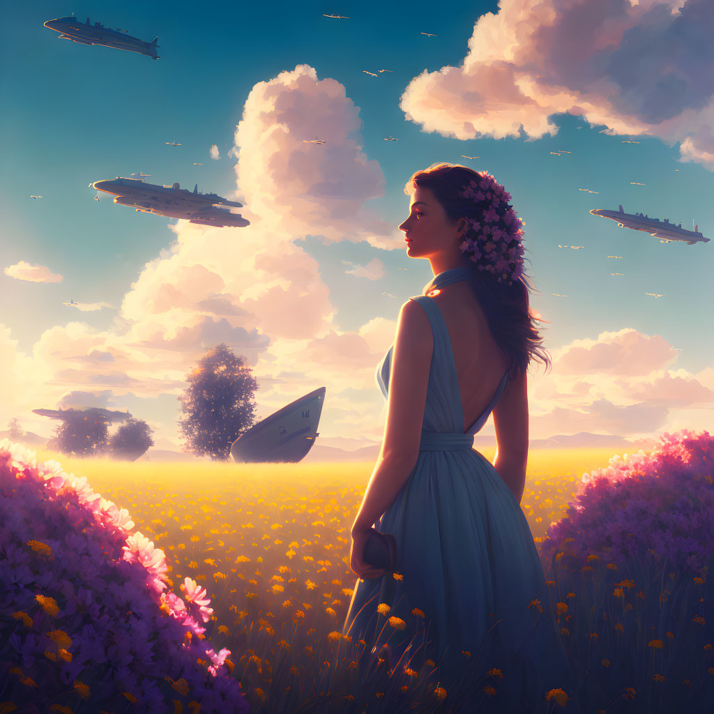 Woman in Blue Dress Surrounded by Purple Flowers and Airships at Sunset