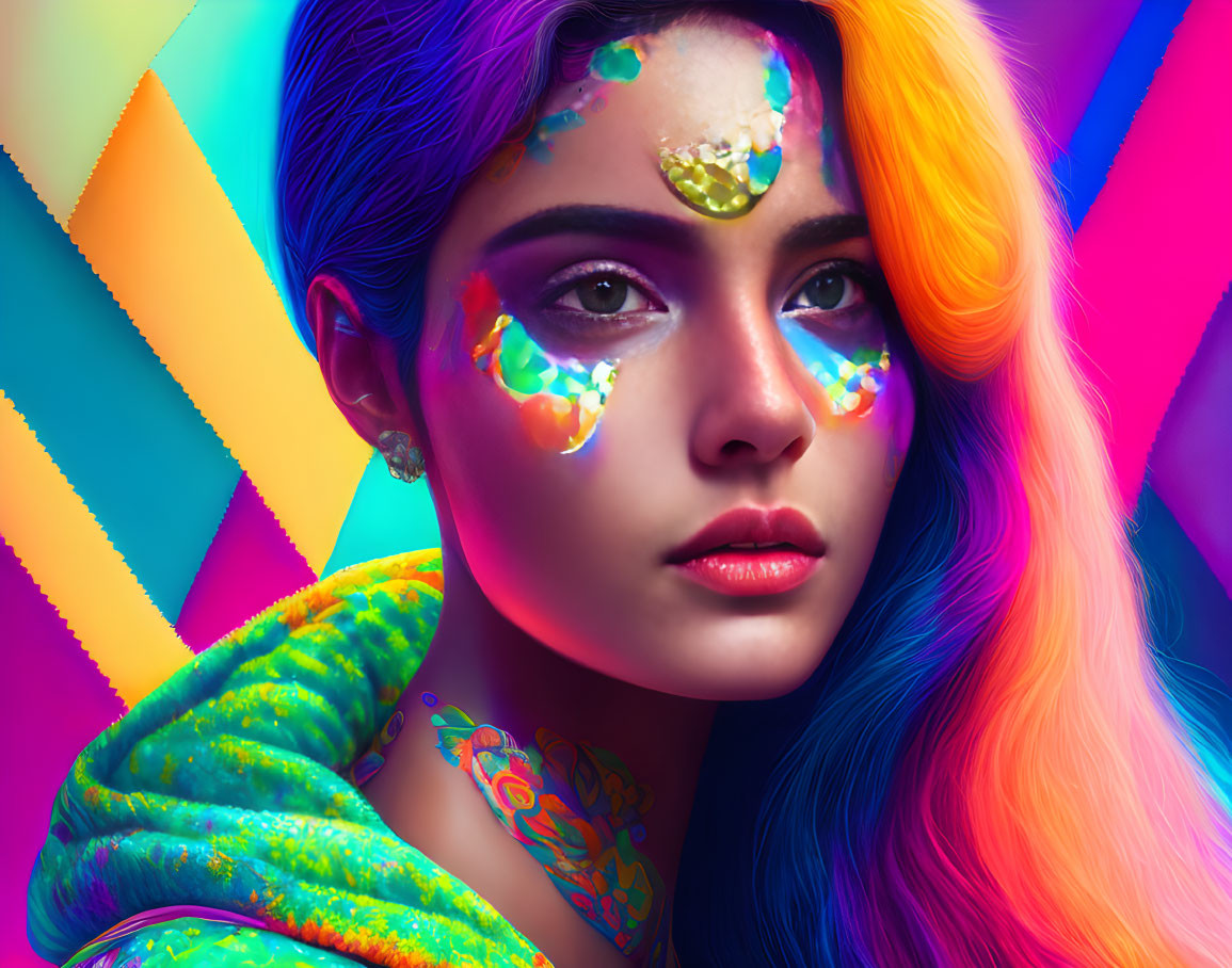 Colorful portrait of a woman with vibrant hair and artistic makeup.