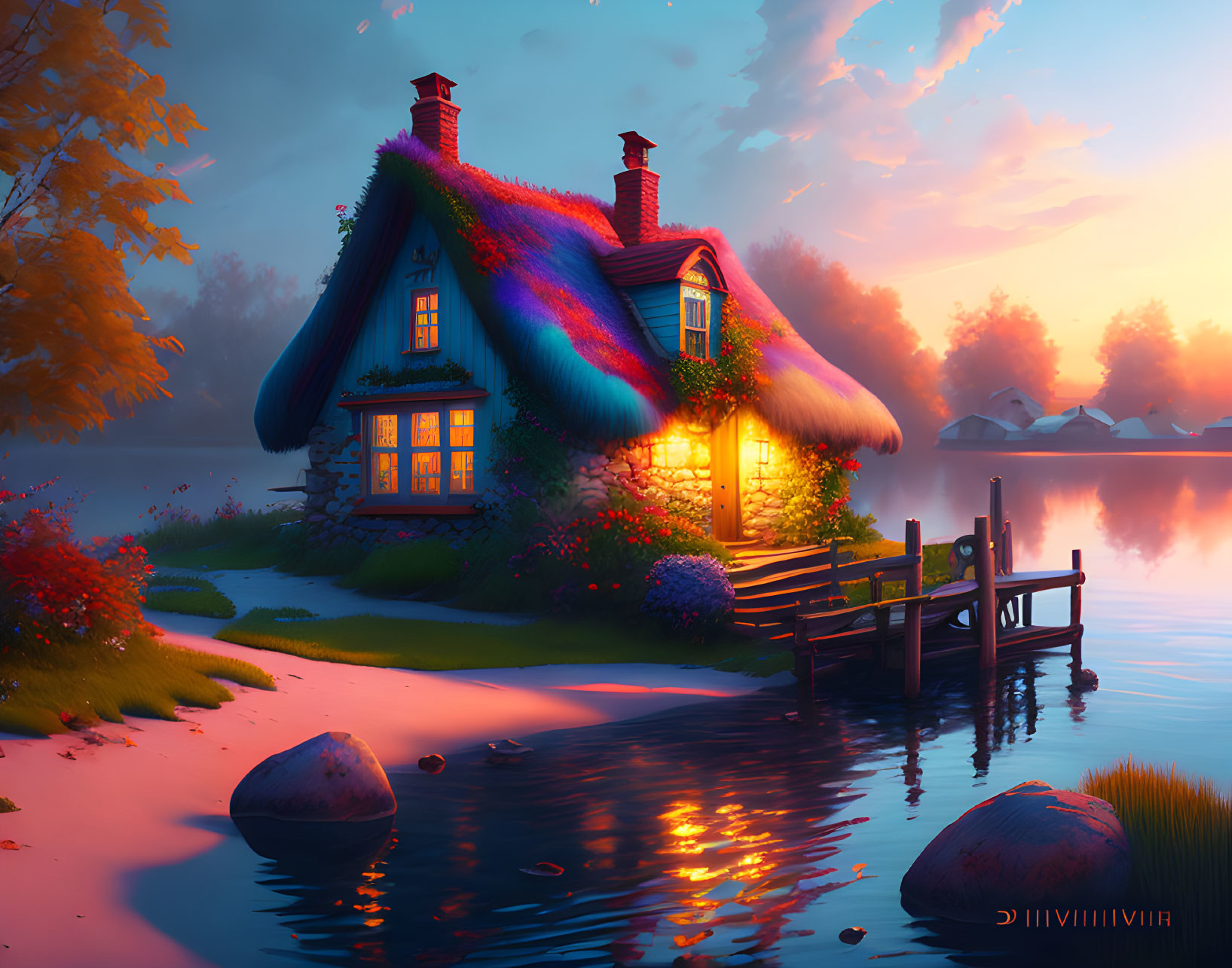 Thatched Roof Cottage by Tranquil Lake at Sunset